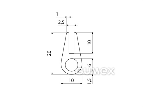 "U" Silikonprofil mit Loch, 20x10/2,5mm, 50°ShA, -60°C/+180°C, transparent, 